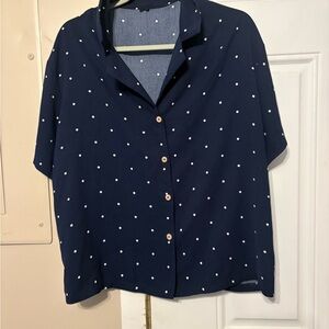 Navy Polka Dot Button-Up Blouse